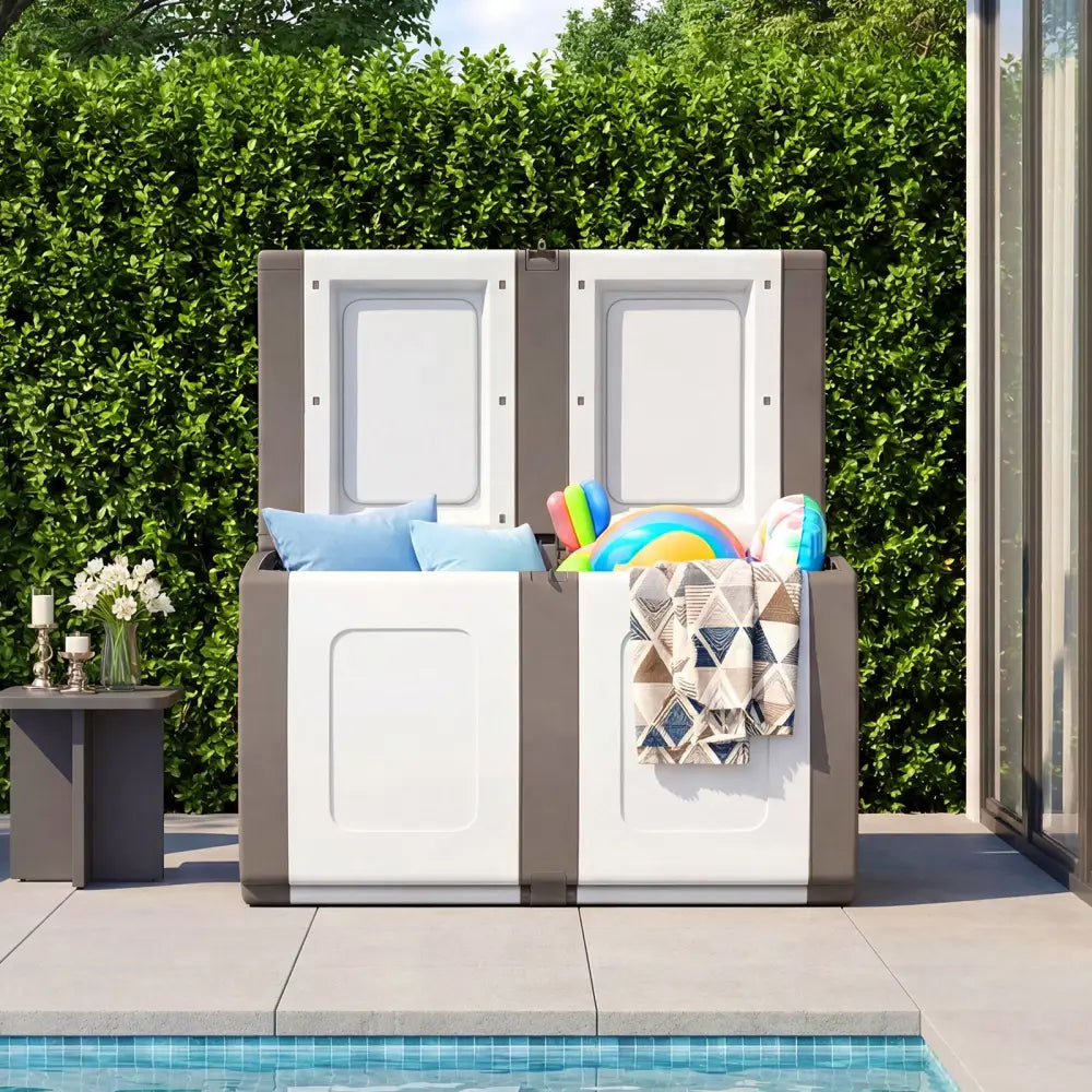 53 Gallon Patio Container with Lockable Lid for Packages and Garden-Beige - Beige - Sheds & Outdoor Storage