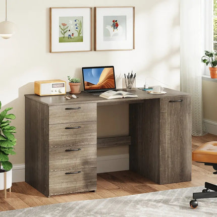 53 Inches Computer Desk with Power Outlets and 4 Storage Drawers-Gray Costway