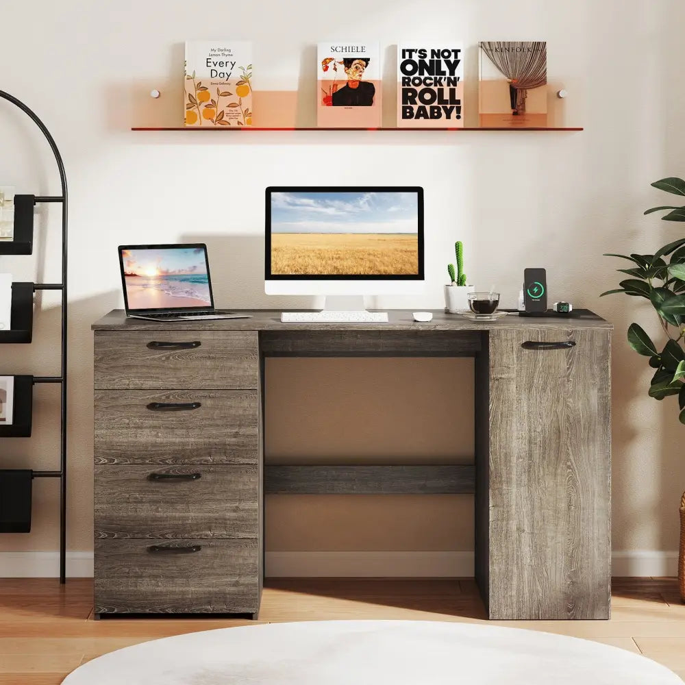 53 Inches Computer Desk with Power Outlets and 4 Storage Drawers-Gray - Gray - Computer Desks
