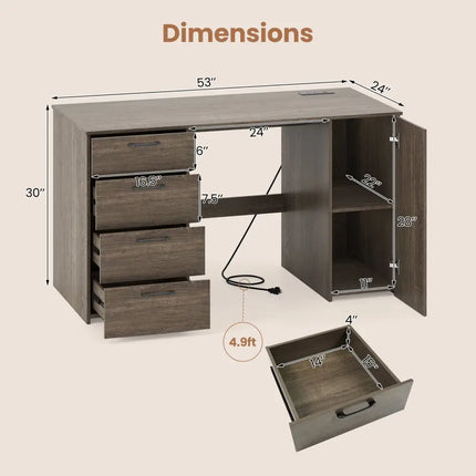 53 Inches Computer Desk with Power Outlets and 4 Storage Drawers-Gray Costway
