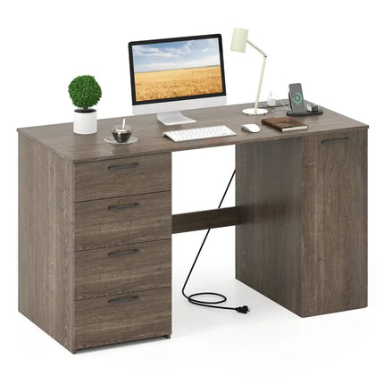 53 Inches Computer Desk with Power Outlets and 4 Storage Drawers-Gray Costway
