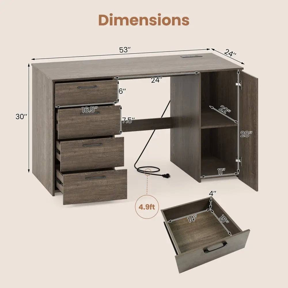 53 Inches Computer Desk with Power Outlets and 4 Storage Drawers-Gray - Gray - Computer Desks