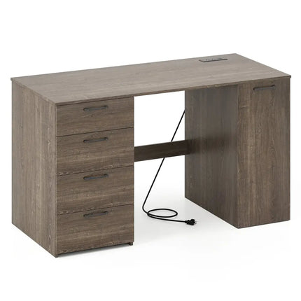 53 Inches Computer Desk with Power Outlets and 4 Storage Drawers-Gray Costway