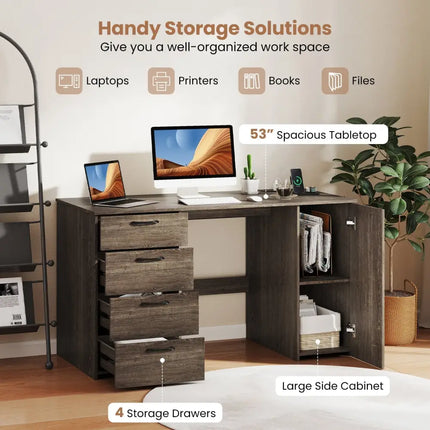 53 Inches Computer Desk with Power Outlets and 4 Storage Drawers-Gray Costway