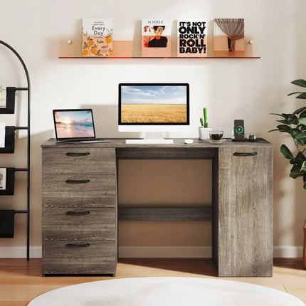 53 Inches Computer Desk with Power Outlets and 4 Storage Drawers-Gray Costway
