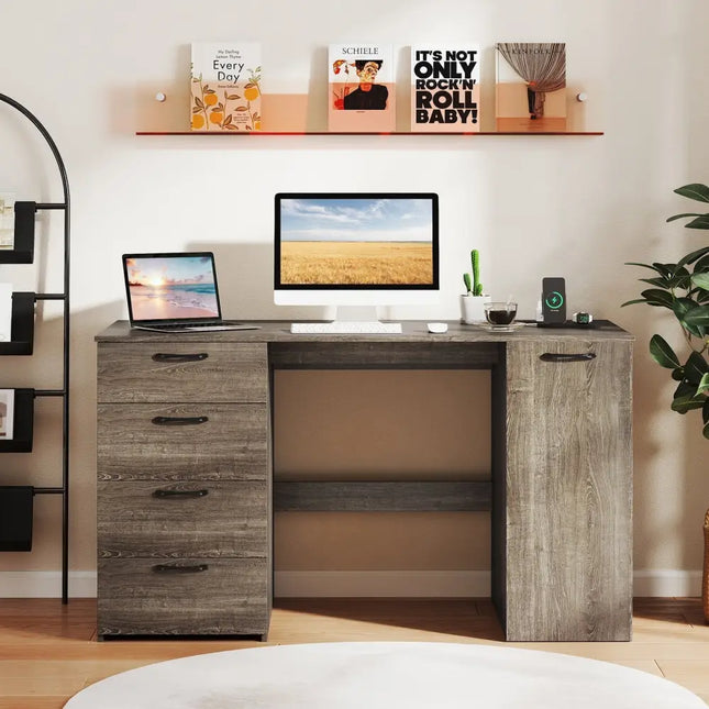 53 Inches Computer Desk with Power Outlets and 4 Storage Drawers-Gray Costway