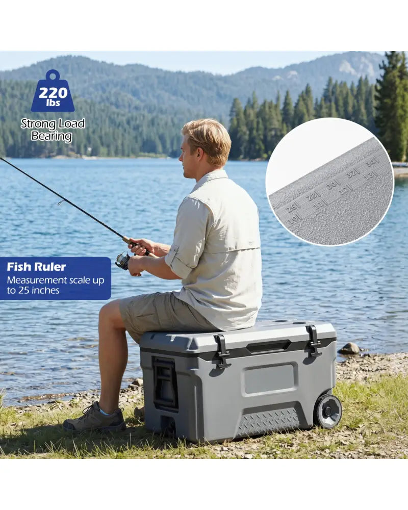 53 Quart Portable Rolling Cooler with Fish Ruler for Outdoor-Gray - Gray - Coolers