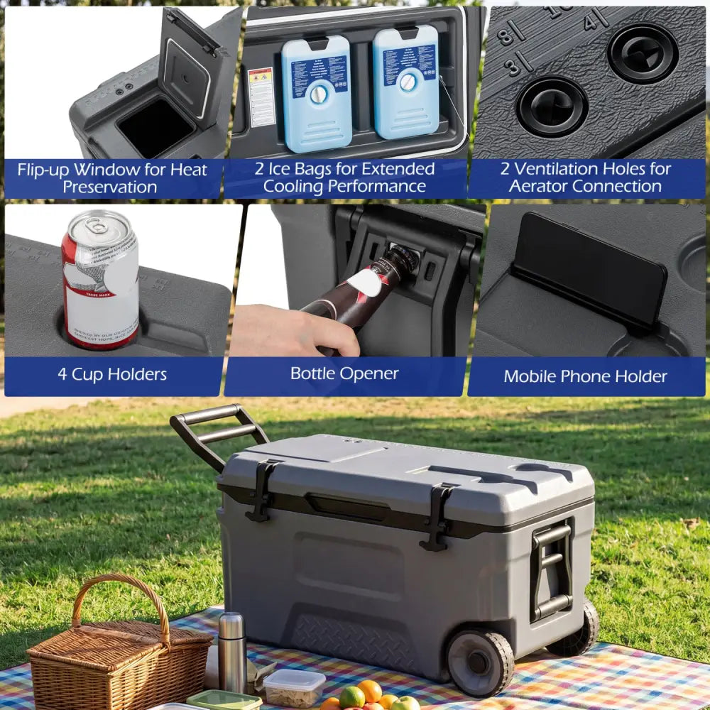 53 Quart Portable Rolling Cooler with Fish Ruler for Outdoor-Gray - Gray - Coolers