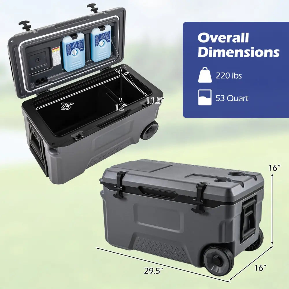 53 Quart Portable Rolling Cooler with Fish Ruler for Outdoor-Gray - Gray - Coolers