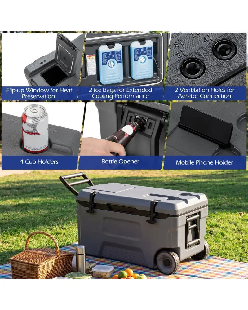 53 Quart Portable Rolling Cooler with Fish Ruler for Outdoor-Gray - Gray - Coolers