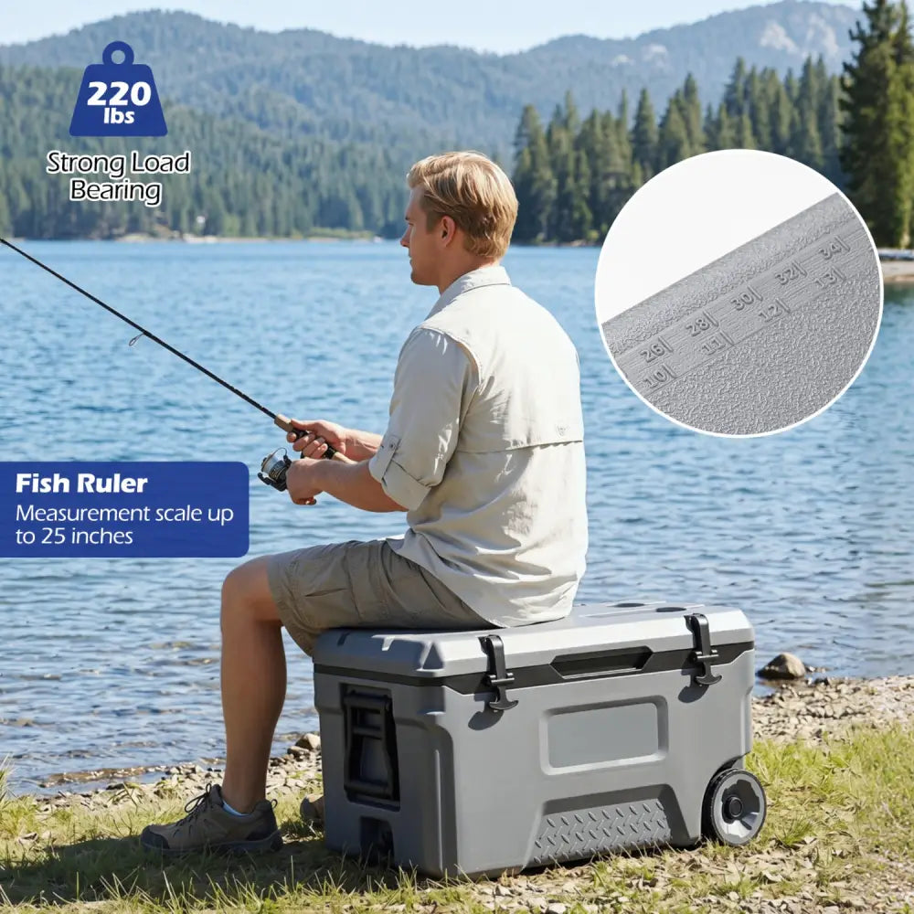 53 Quart Portable Rolling Cooler with Fish Ruler for Outdoor-Gray - Gray - Coolers