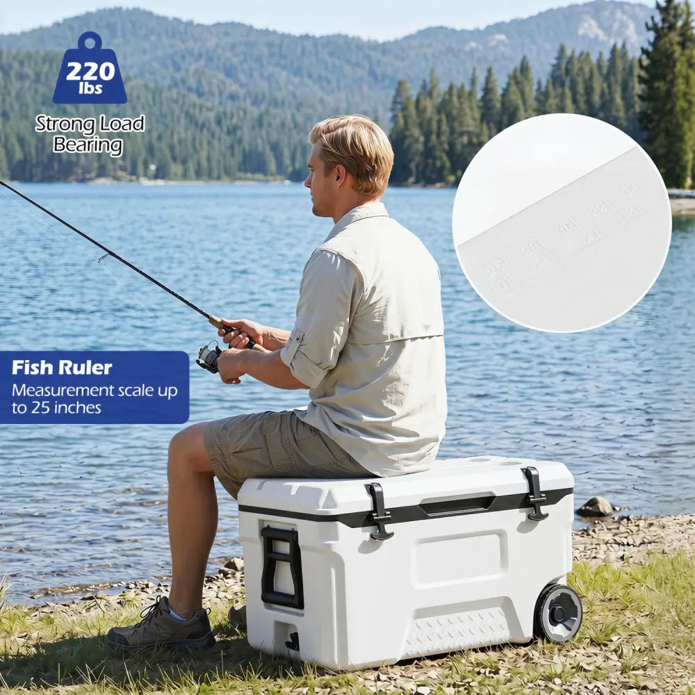 53 Quart Portable Rolling Cooler with Fish Ruler for Outdoor-White - White - Coolers