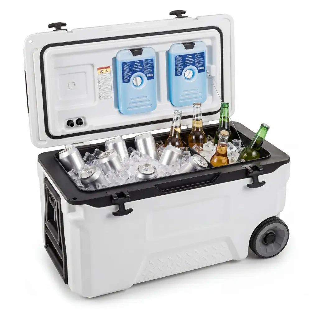 53 Quart Portable Rolling Cooler with Fish Ruler for Outdoor-White - White - Coolers