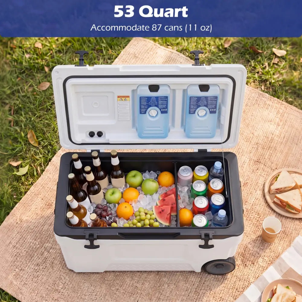 53 Quart Portable Rolling Cooler with Fish Ruler for Outdoor-White - White - Coolers