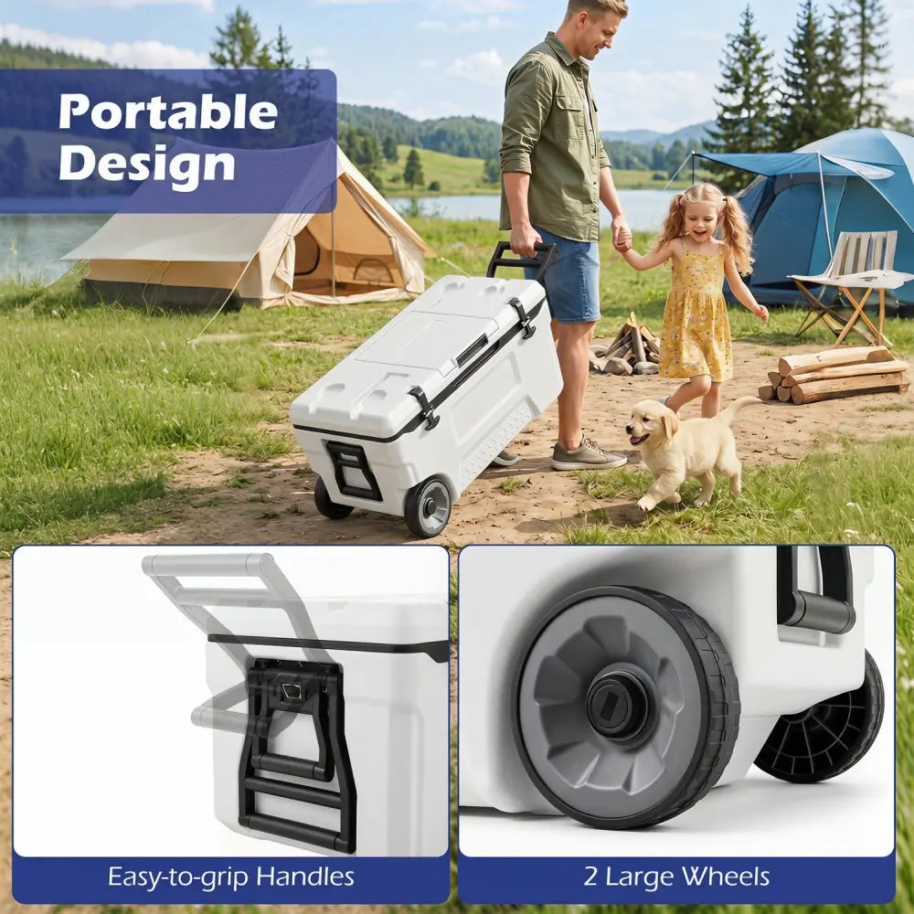 53 Quart Portable Rolling Cooler with Fish Ruler for Outdoor-White - White - Coolers