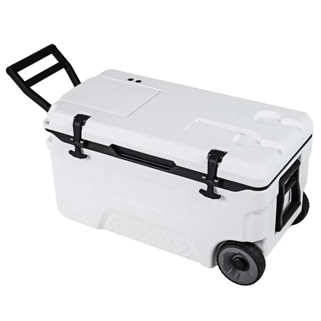 53 Quart Portable Rolling Cooler with Fish Ruler for Outdoor-White - White - Coolers