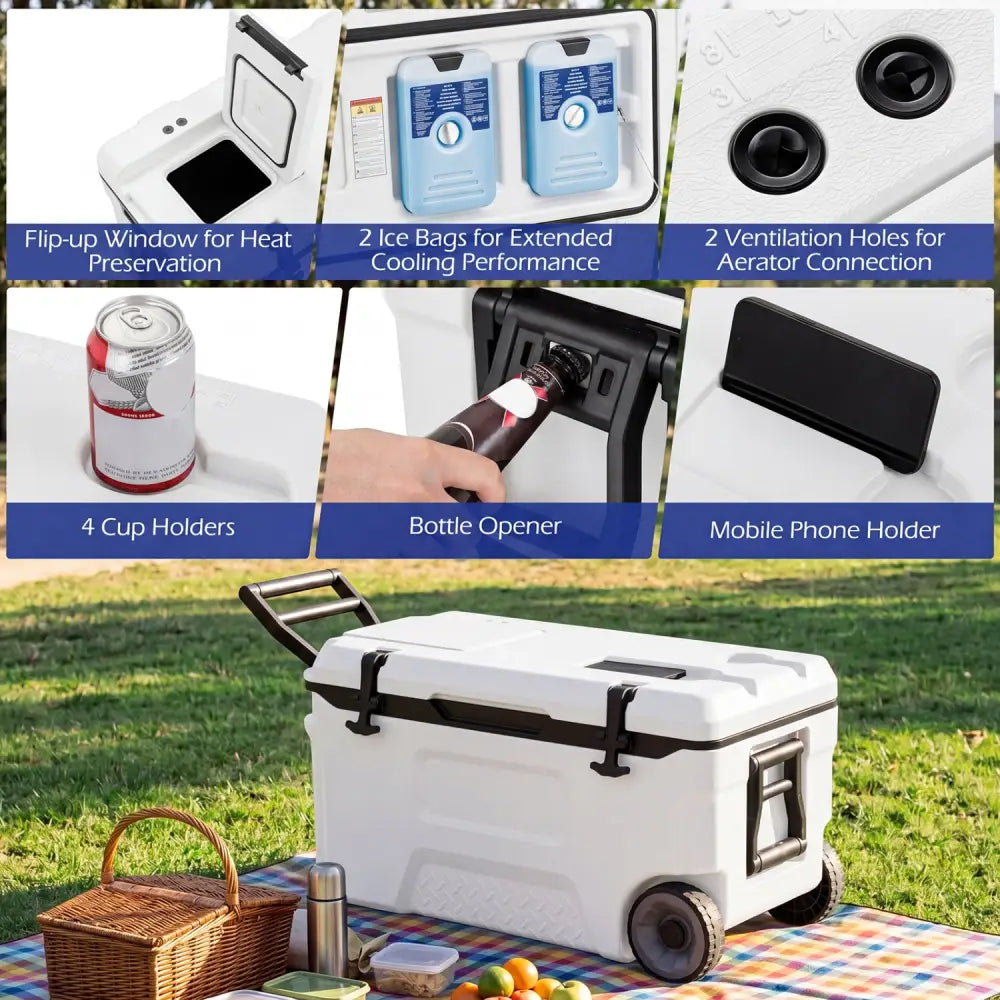 53 Quart Portable Rolling Cooler with Fish Ruler for Outdoor-White - White - Coolers