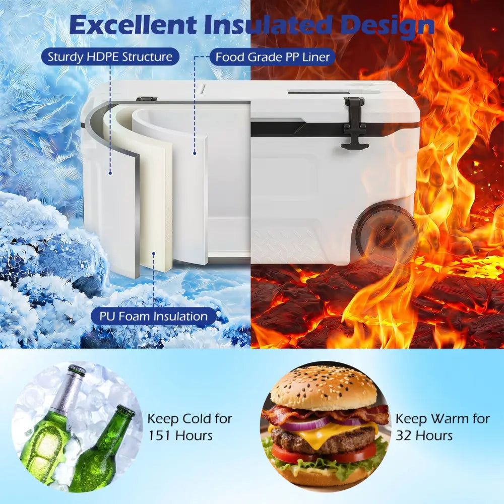 53 Quart Portable Rolling Cooler with Fish Ruler for Outdoor-White - White - Coolers