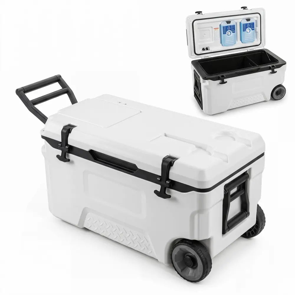 53 Quart Portable Rolling Cooler with Fish Ruler for Outdoor-White - White - Coolers