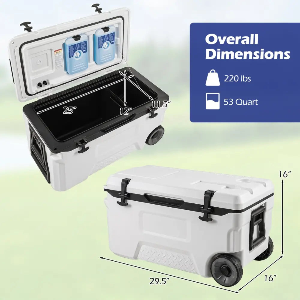 53 Quart Portable Rolling Cooler with Fish Ruler for Outdoor-White - White - Coolers