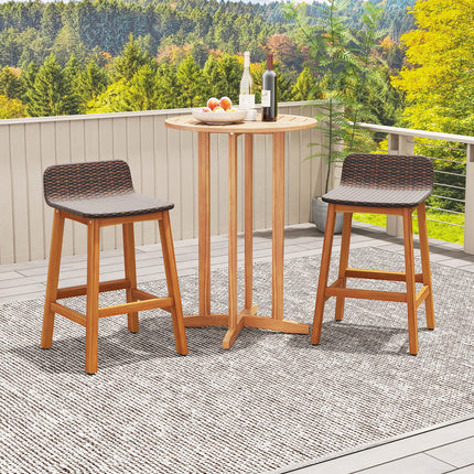 Solid Acacia Wood Bar Stools Set of 2 with Backrests and Footrests for Porch-Brown