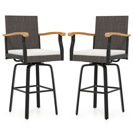 Set of 2 Outdoor 360° Swivel Bar Stool with Cushion and Acacia Wood Armrests