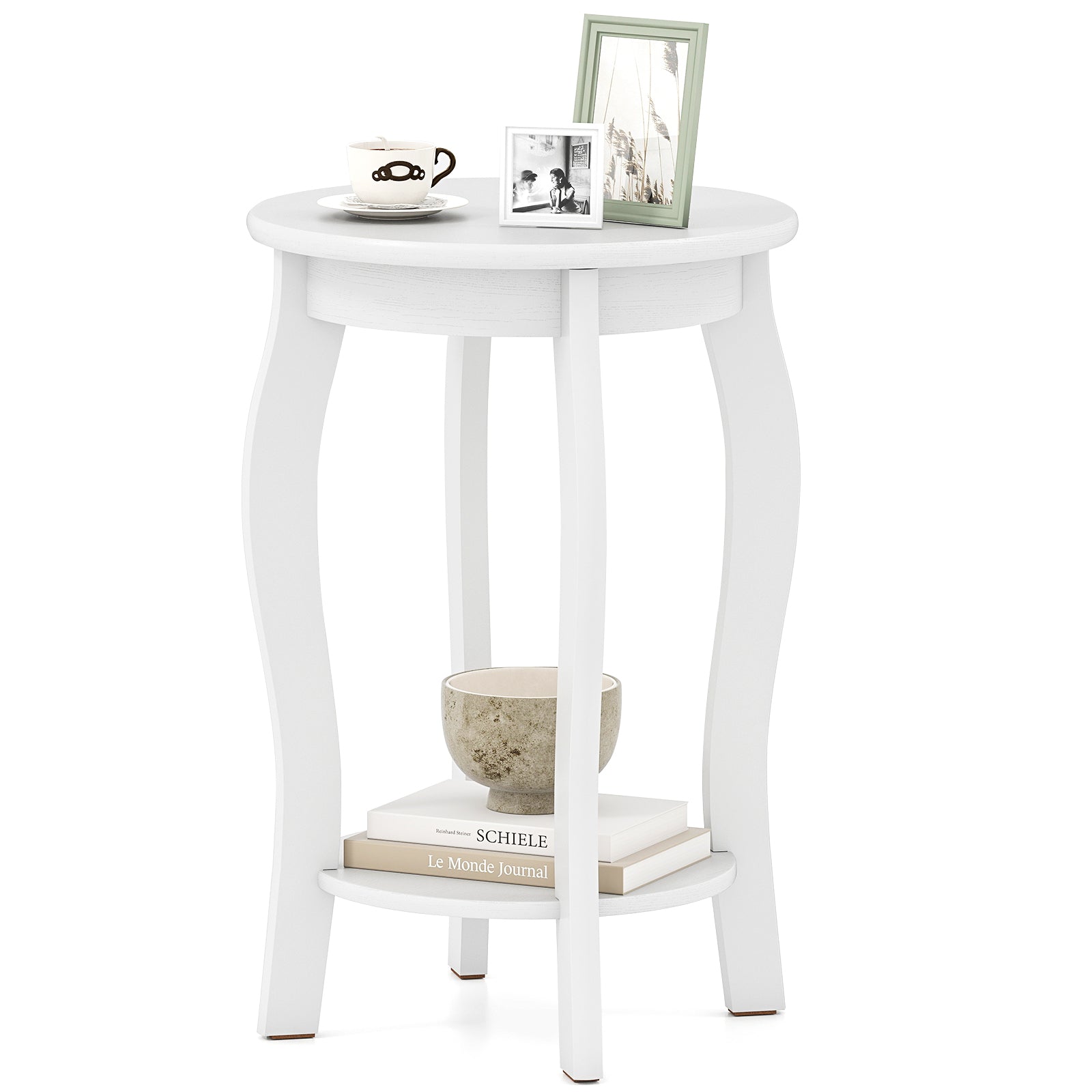 15 Inch 2-Tier Round End Table with Storage Shelf-White