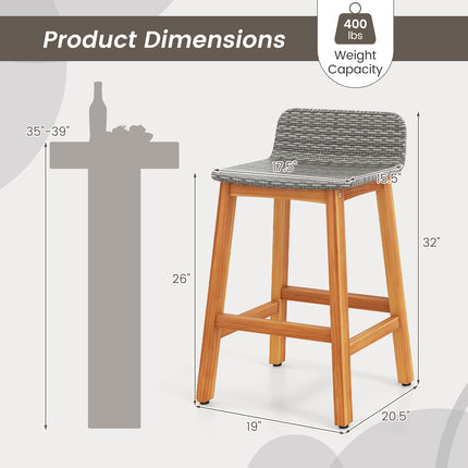 Solid Acacia Wood Bar Stools Set of 2 with Backrests and Footrests for Porch-Gray