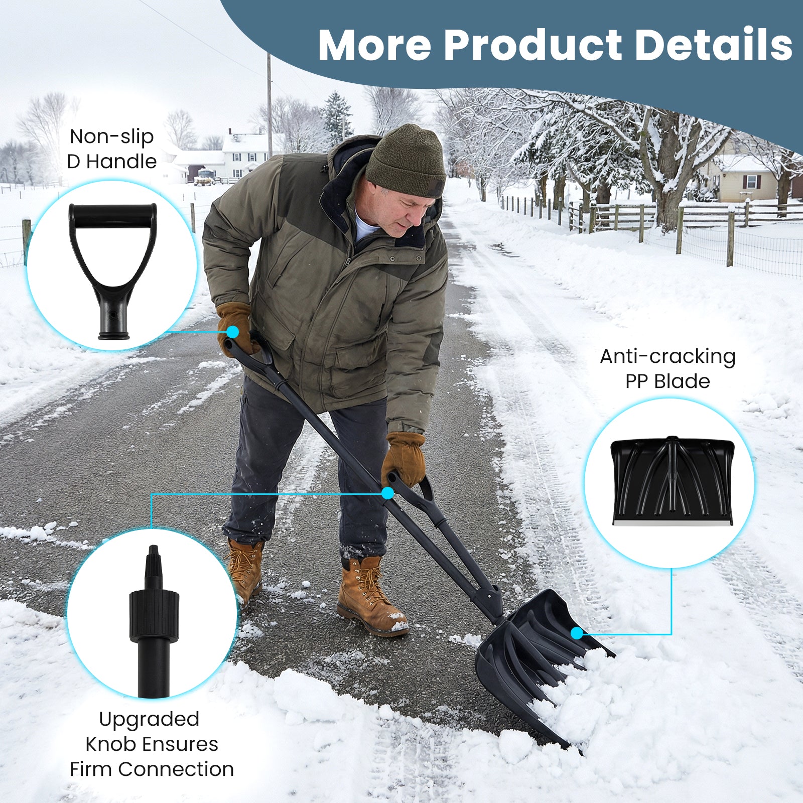 53 Inch Snow Shovel with Assist Handle for Driveway Car Garage Camping-Black