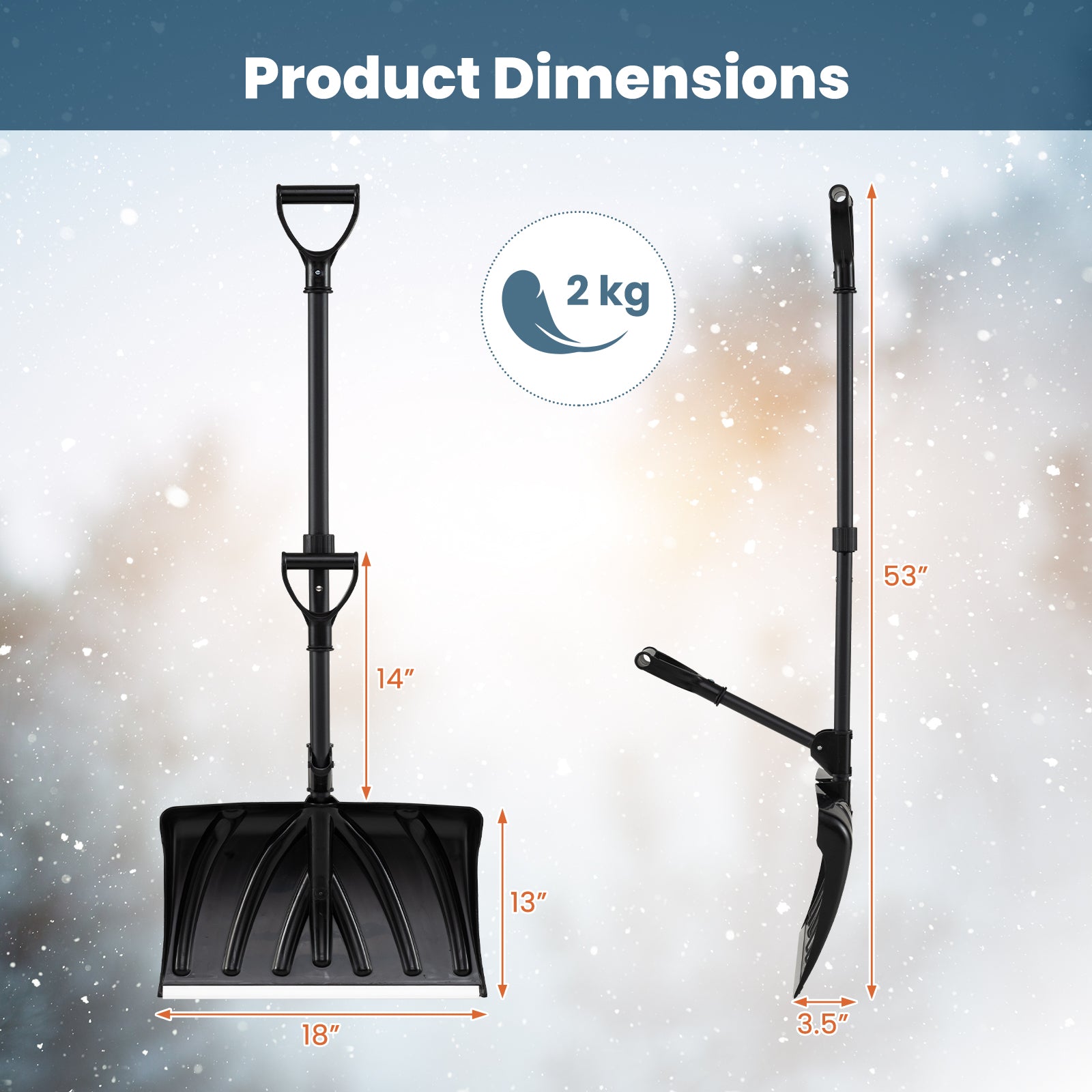 53 Inch Snow Shovel with Assist Handle for Driveway Car Garage Camping-Black