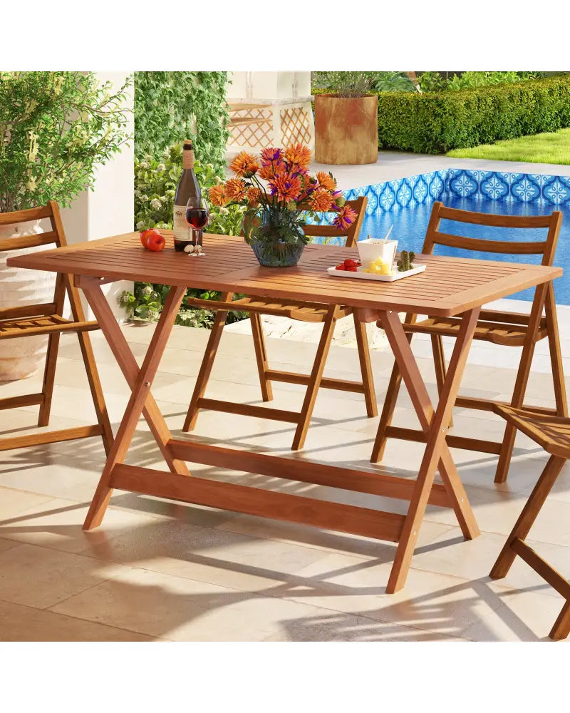 54.5 Inch x 27.5 Inch Patio Dining Table with Teak Painting and Umbrella Hole - Teak - Patio Dining Tables