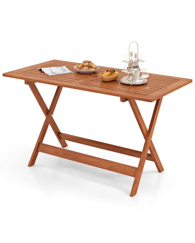 54.5 Inch x 27.5 Inch Patio Dining Table with Teak Painting and Umbrella Hole - Teak - Patio Dining Tables