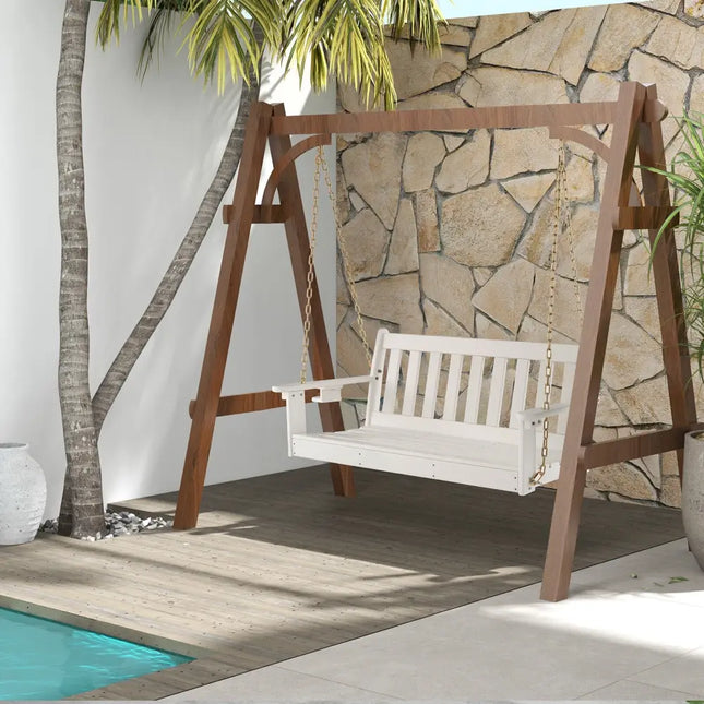 54 Inch HDPE Patio Porch Swing with Cup Holder-White - White - Porch Swings
