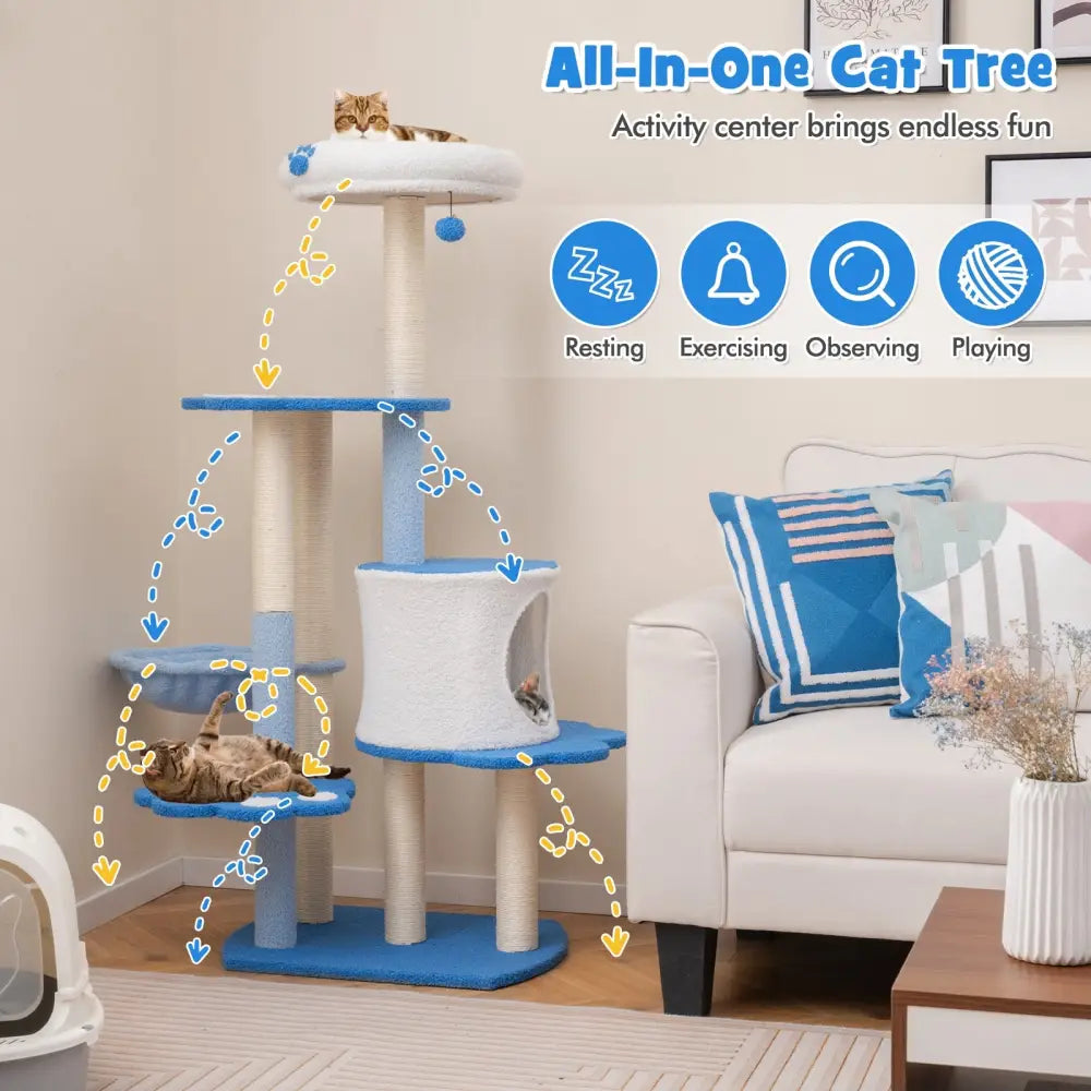 54 Inches Tall Modern Cat Tree Tower for Indoor Cats-Blue - Blue - Cat Trees Condos & Scratchers