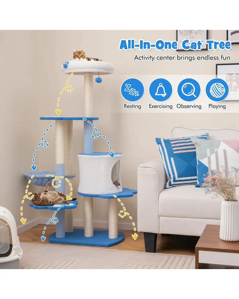 54 Inches Tall Modern Cat Tree Tower for Indoor Cats-Blue - Blue - Cat Trees Condos & Scratchers