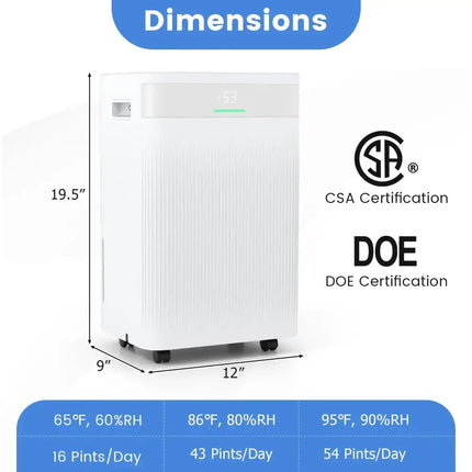 54 Pints Dehumidifier for Home 4500 Sq.Ft Dehumidifier-White Costway