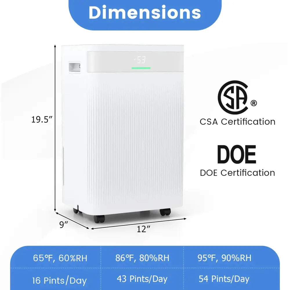 54 Pints Dehumidifier for Home 4500 Sq.Ft Dehumidifier-White Costway