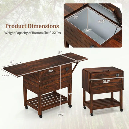 54 Quart Wooden Cooler Cart for Patio Rolling Ice Chest with Shelves-Brown - Brown - Outdoor