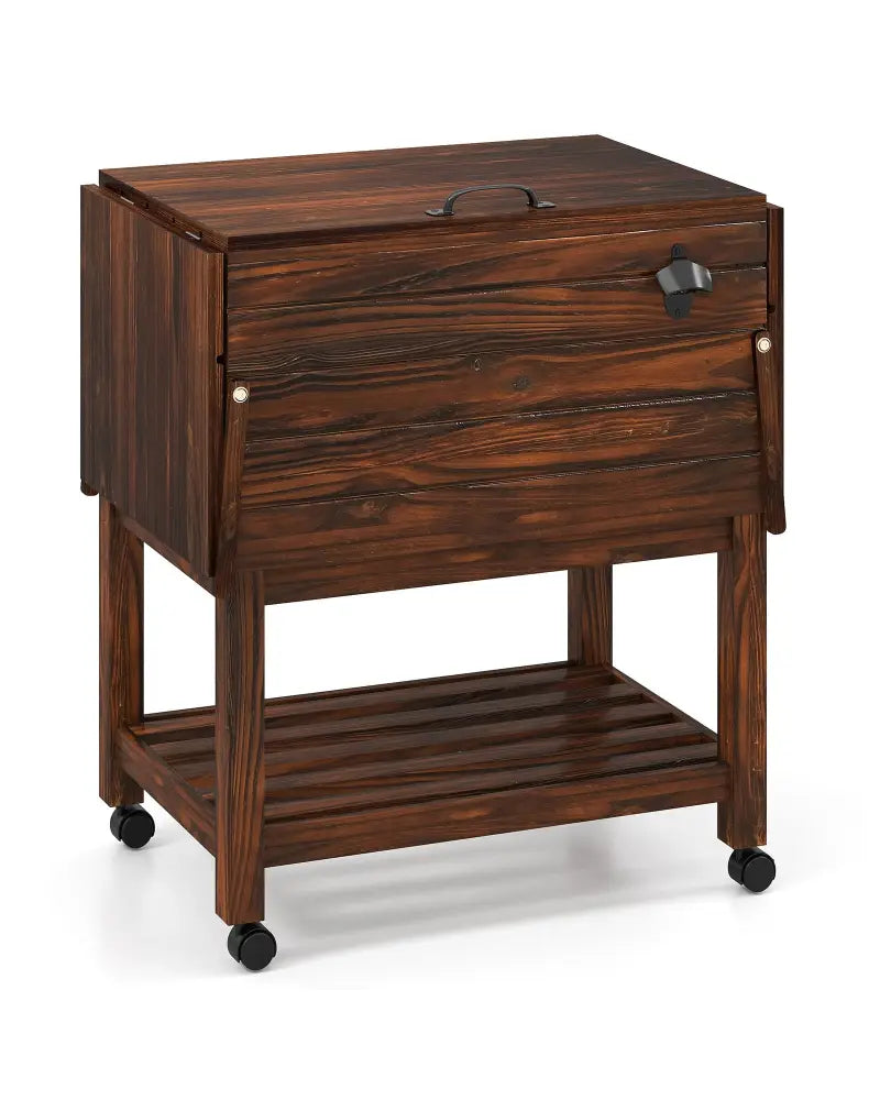 54 Quart Wooden Cooler Cart for Patio Rolling Ice Chest with Shelves-Brown - Brown - Outdoor