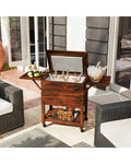 54 Quart Wooden Cooler Cart for Patio Rolling Ice Chest with Shelves-Brown - Brown - Outdoor