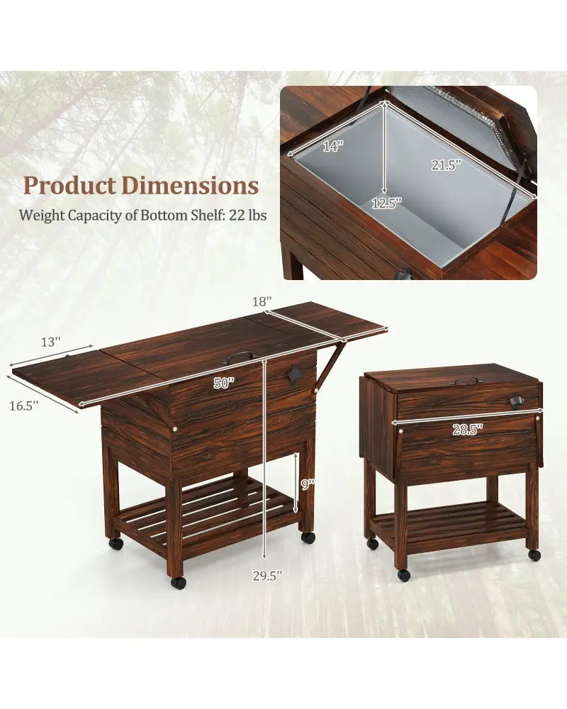 54 Quart Wooden Cooler Cart for Patio Rolling Ice Chest with Shelves-Brown - Brown - Outdoor