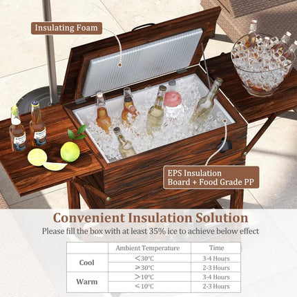 54 Quart Wooden Cooler Cart for Patio Rolling Ice Chest with Shelves-Brown - Brown - Outdoor
