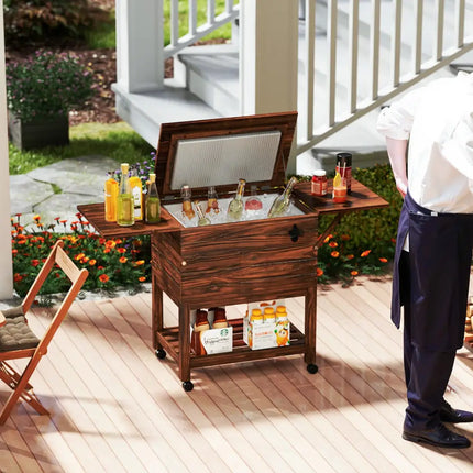 54 Quart Wooden Cooler Cart for Patio Rolling Ice Chest with Shelves-Brown - Brown - Outdoor