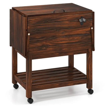 54 Quart Wooden Cooler Cart for Patio Rolling Ice Chest with Shelves-Brown - Brown - Outdoor