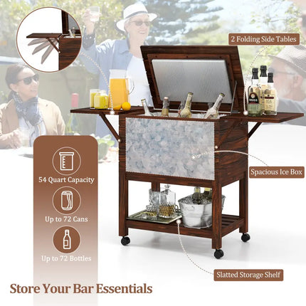 54 Quart Wooden Cooler Cart for Patio Rolling Ice Chest with Shelves-Brown - Brown - Outdoor
