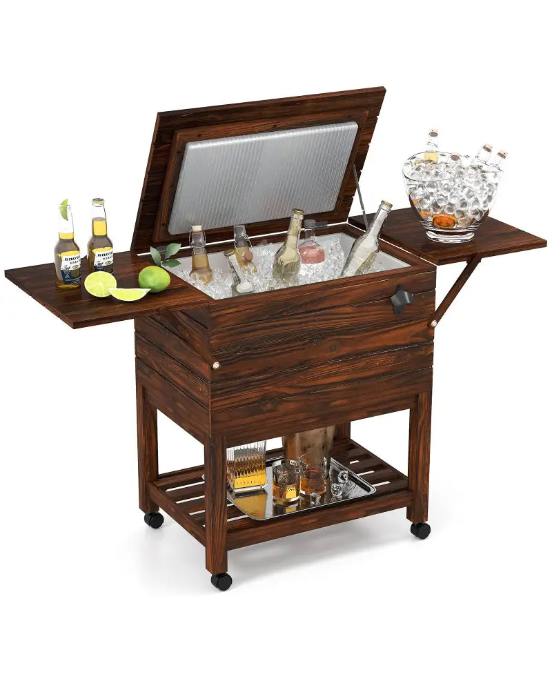 54 Quart Wooden Cooler Cart for Patio Rolling Ice Chest with Shelves-Brown - Brown - Outdoor