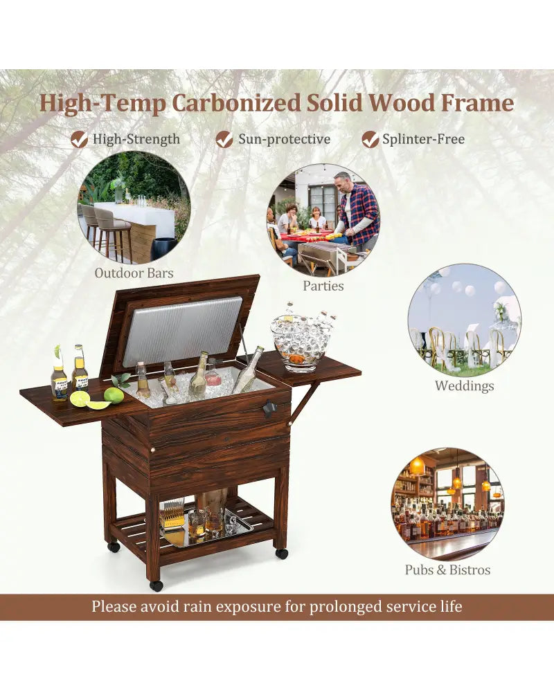 54 Quart Wooden Cooler Cart for Patio Rolling Ice Chest with Shelves-Brown - Brown - Outdoor