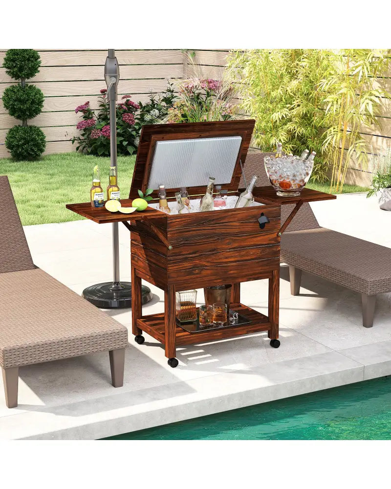 54 Quart Wooden Cooler Cart for Patio Rolling Ice Chest with Shelves-Brown - Brown - Outdoor