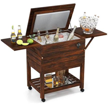 54 Quart Wooden Cooler Cart for Patio Rolling Ice Chest with Shelves-Brown - Brown - Outdoor