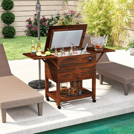 54 Quart Wooden Cooler Cart for Patio Rolling Ice Chest with Shelves-Brown - Brown - Outdoor